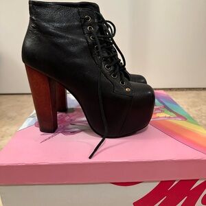Jeffrey Campbell Black Lace-Up Platform Ankle Boots with Brown Block Heel